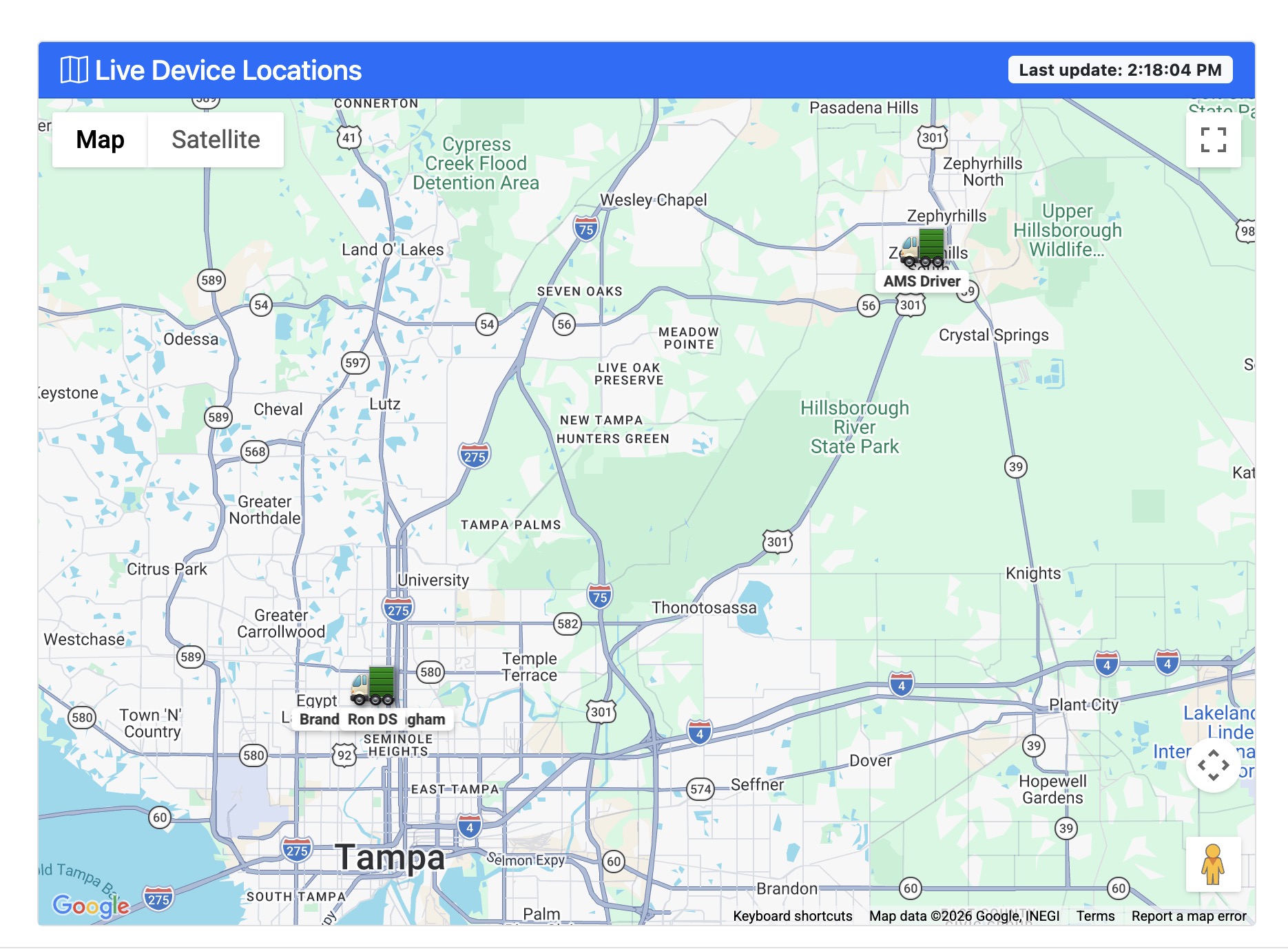 Live Device Locations GPS map showing real-time truck positions across Tampa area